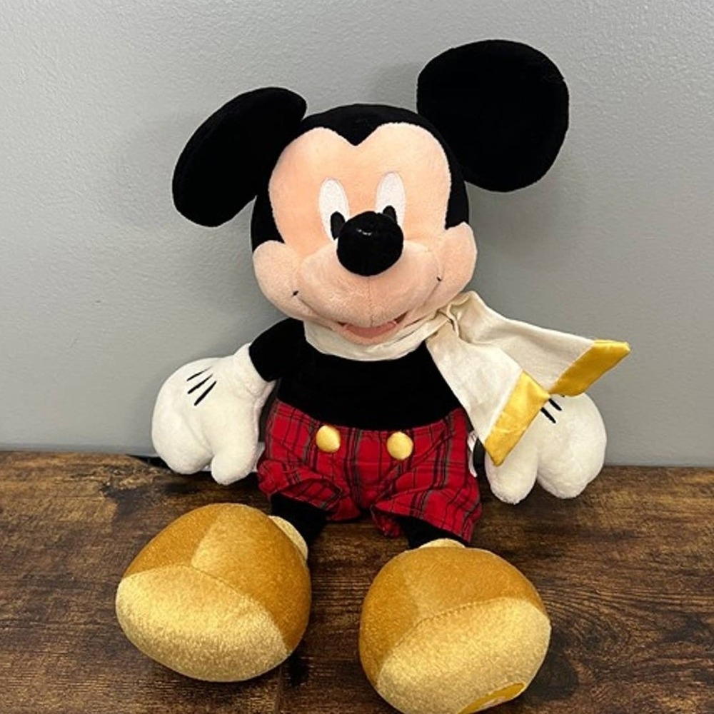 Disney Store Mickey Mouse Holiday Plush Red Plaid Shorts White Scarf Christmas
